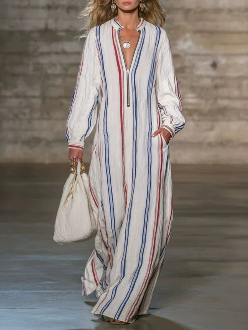 FOREVER 21 Womens Casual Retro Striped Long Sleeve Maxi Dress